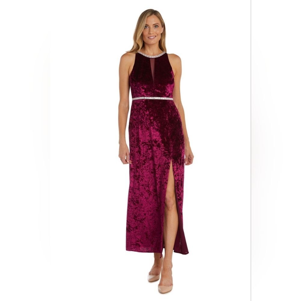 NWT Women's R&M Richards Burgundy Long Crinkle Velvet Formal Dress - Size 16W